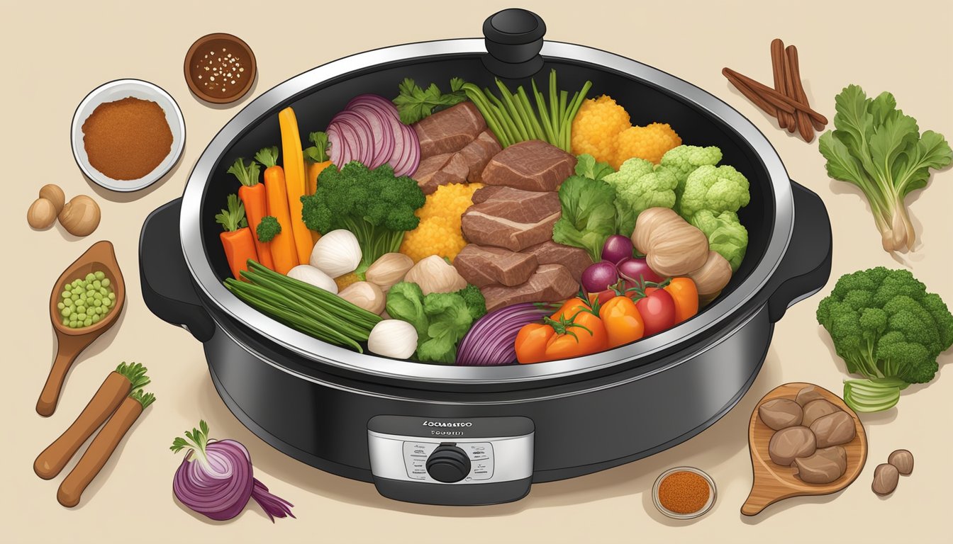 A variety of fresh ingredients being added to a slow cooker, including seasoned meat, diced vegetables, and flavorful spices