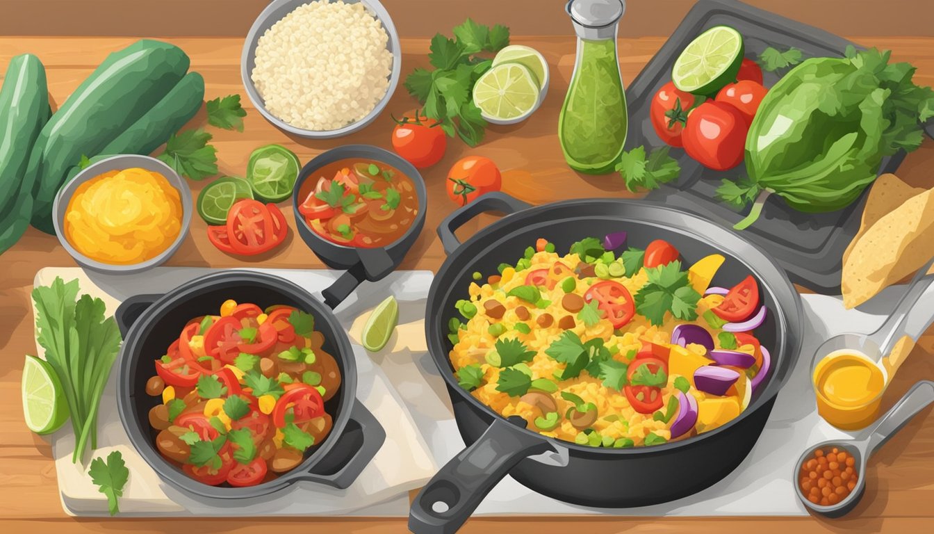 A colorful kitchen counter with various fresh ingredients and cooking utensils laid out, while a sizzling pan of taco filling is being prepared on the stove