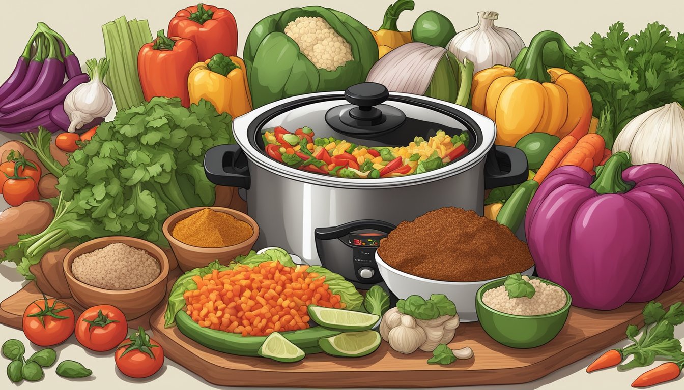 Fresh vegetables, savory meats, and aromatic spices arranged around a slow cooker, ready to be transformed into delicious taco fillings