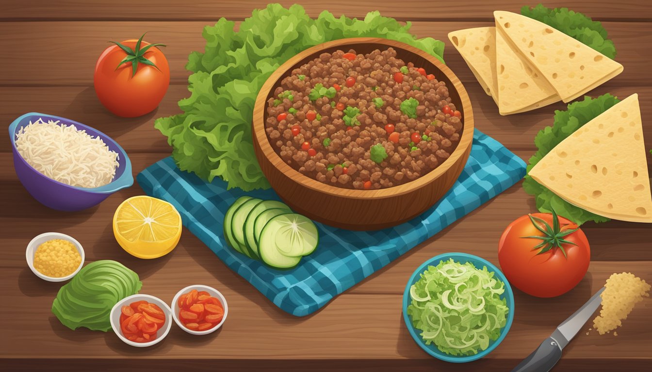 A colorful array of fresh ingredients arranged on a wooden cutting board, including diced tomatoes, shredded lettuce, seasoned ground beef, and warm tortillas