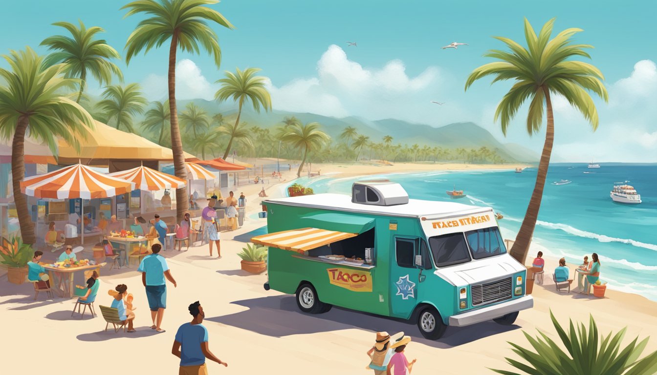 A sunny Texas beach with a food truck serving Tex-Mex tacos, surrounded by palm trees and families enjoying the ocean