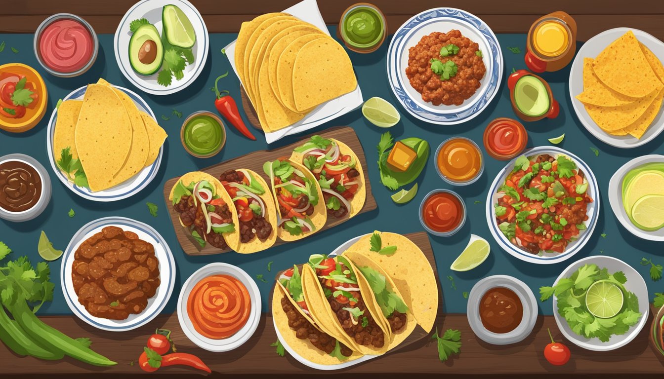 A colorful spread of various taco ingredients, including seasoned meats, fresh vegetables, and flavorful sauces, arranged on a table for a successful taco night