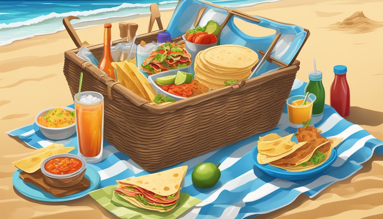 A picnic basket with fresh tortillas, sizzling meat, colorful salsas, and ice-cold drinks set against a sandy beach backdrop with crashing waves and a bright blue sky