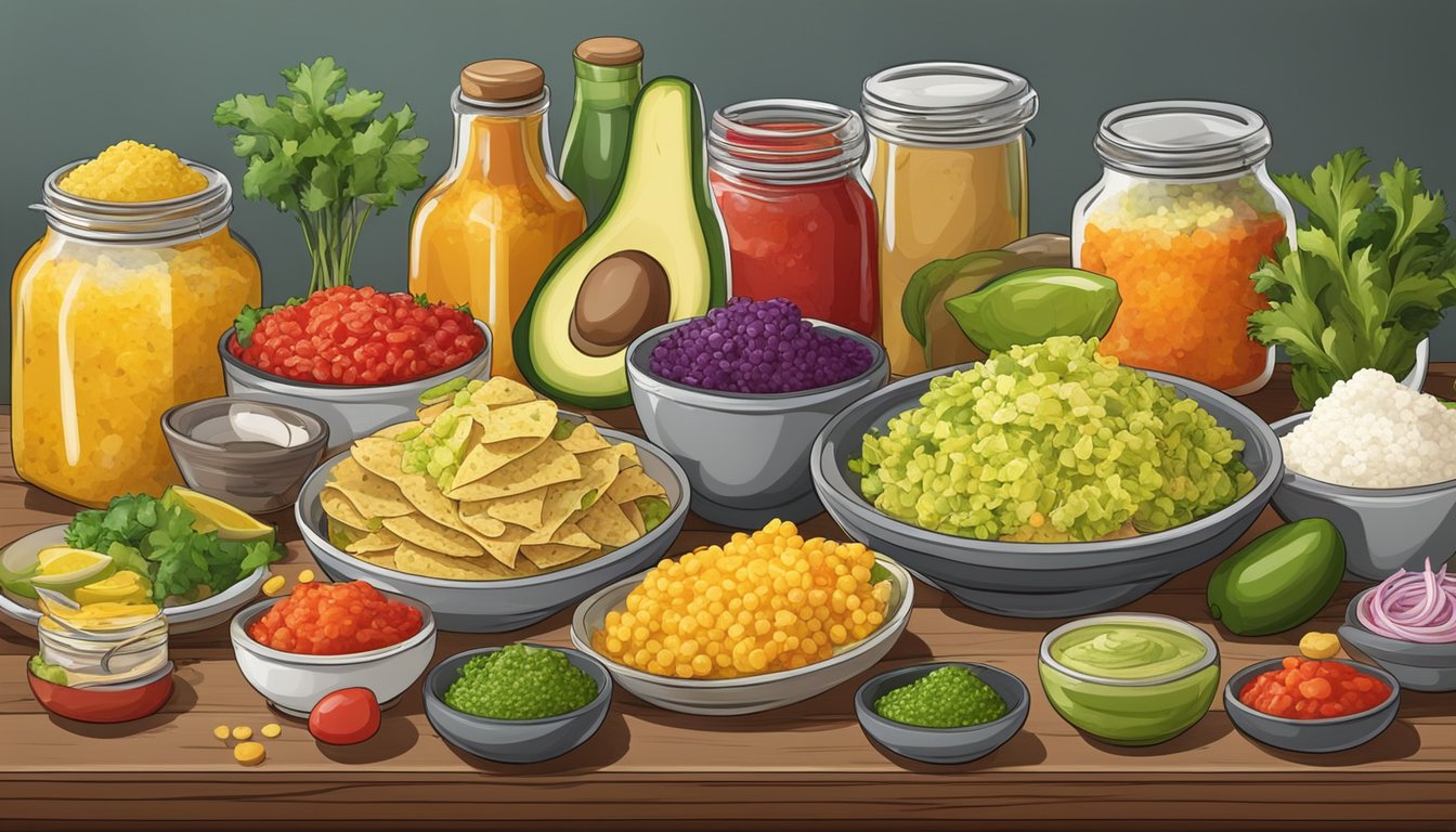 A colorful array of fresh ingredients and condiments arranged on a table, ready to be used for creating delicious and customizable tacos