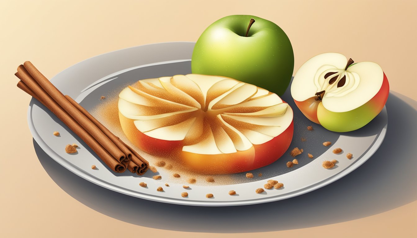 A sliced apple sprinkled with cinnamon sits on a plate, emitting a warm and inviting aroma