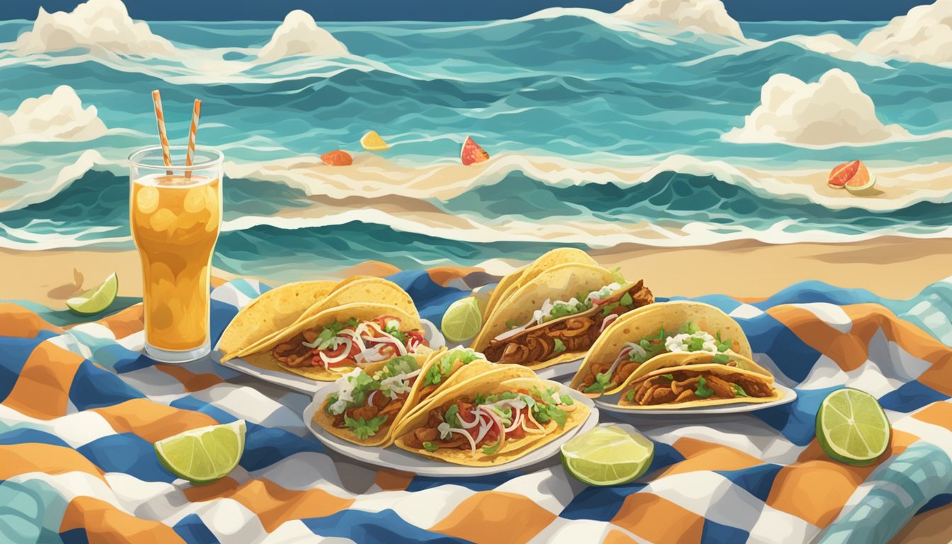 A beach picnic with a variety of tacos spread out on a checkered blanket, with waves crashing in the background