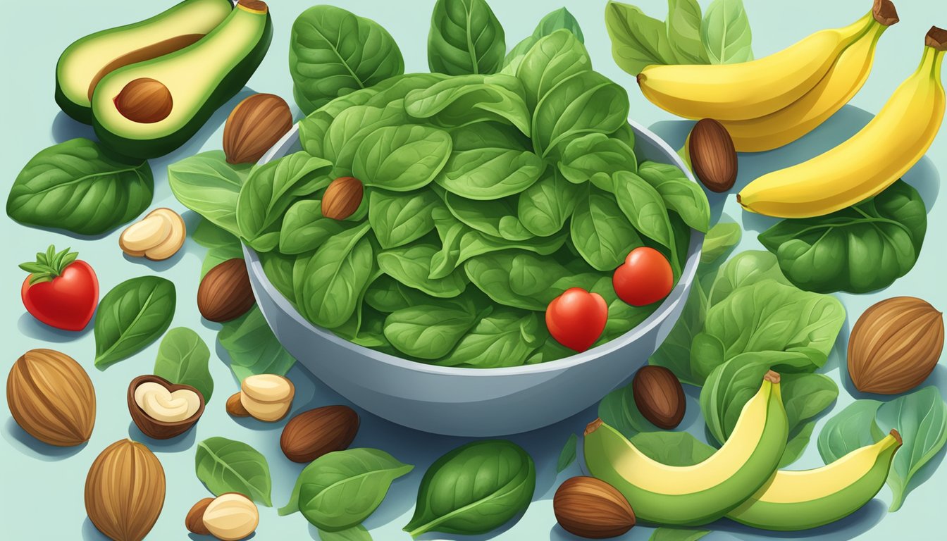 A vibrant bunch of spinach leaves surrounded by other heart-healthy foods like bananas, avocados, and nuts