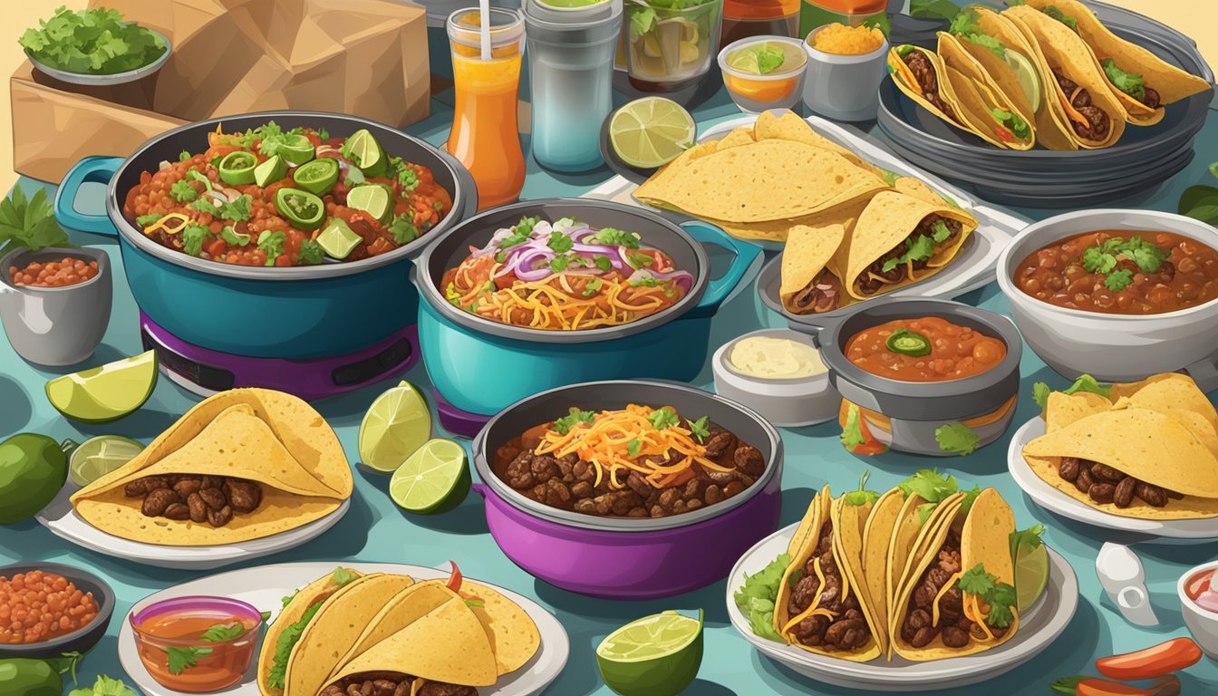 A table set with a variety of tacos and accompanying beverages, surrounded by a collection of slow cookers filled with different taco fillings