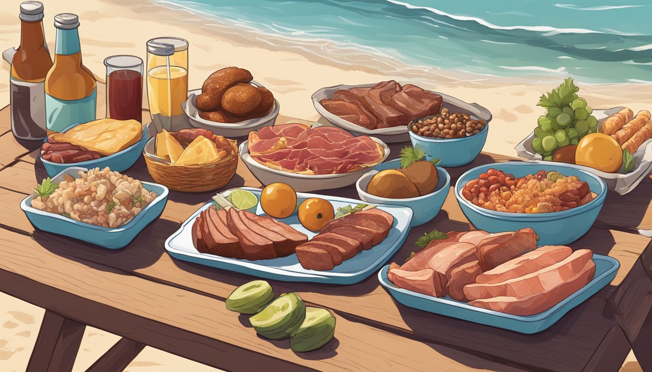 A colorful spread of meats and fillings on a picnic table by the beach