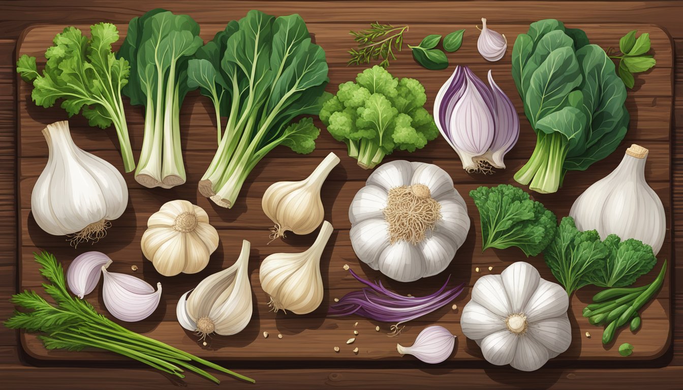 A variety of garlic, ginger, and leafy greens arranged on a wooden cutting board, surrounded by fresh herbs and spices