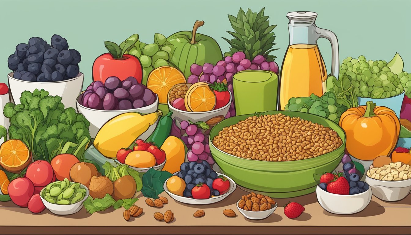 A colorful array of fruits, vegetables, nuts, and seeds arranged on a table, with a variety of healthy snacks and dishes to help manage nicotine withdrawal