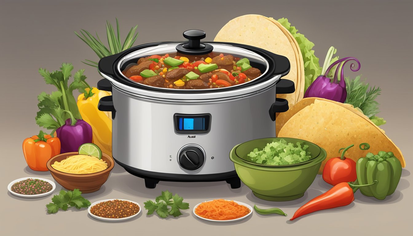 A slow cooker surrounded by fresh ingredients and spices, with steam rising from a bubbling pot of flavorful taco filling