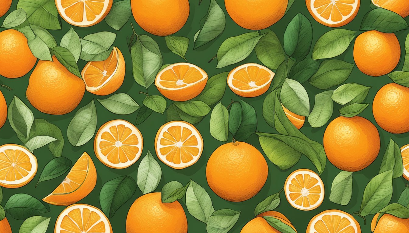 An array of vibrant oranges arranged on a wooden table, surrounded by scattered green leaves and a few whole oranges