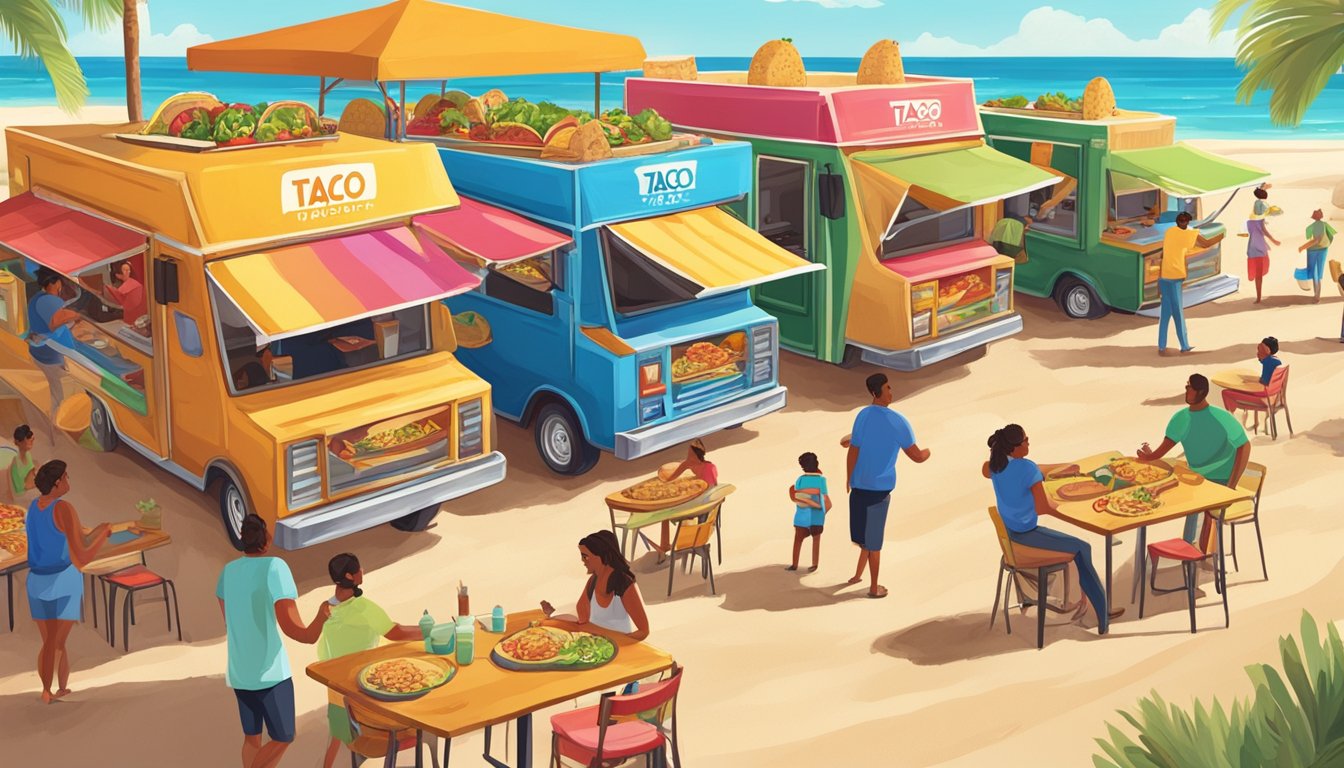 Colorful taco trucks and lively taquerias line the sandy beach, with people enjoying fresh tacos under the warm Texas sun