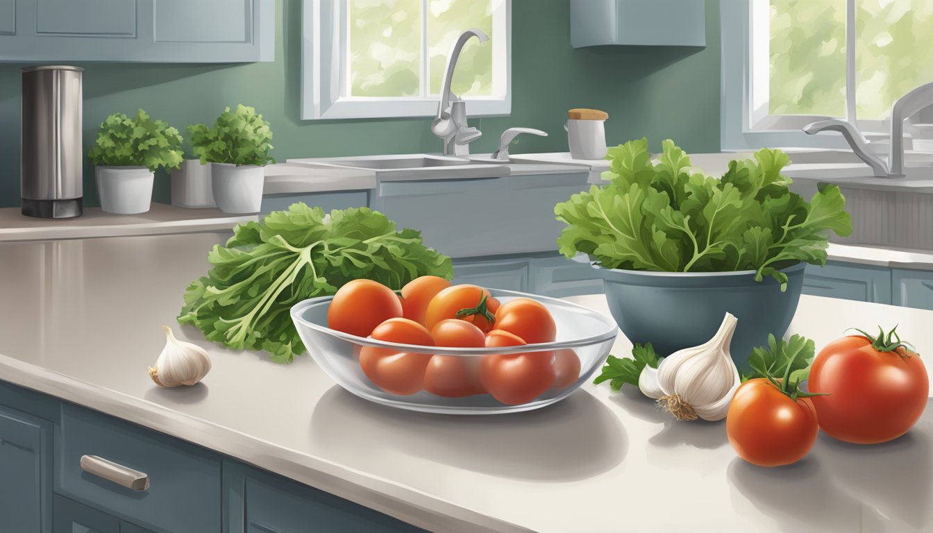 A kitchen counter with fresh garlic, tomatoes, and leafy greens