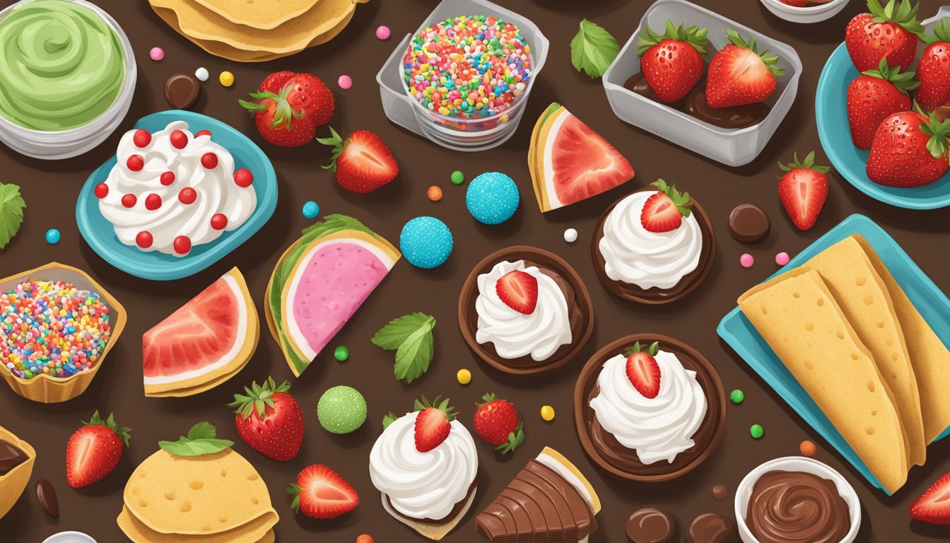 A colorful array of dessert ingredients, including chocolate, strawberries, and whipped cream, arranged on a wooden table next to taco shells and sprinkles