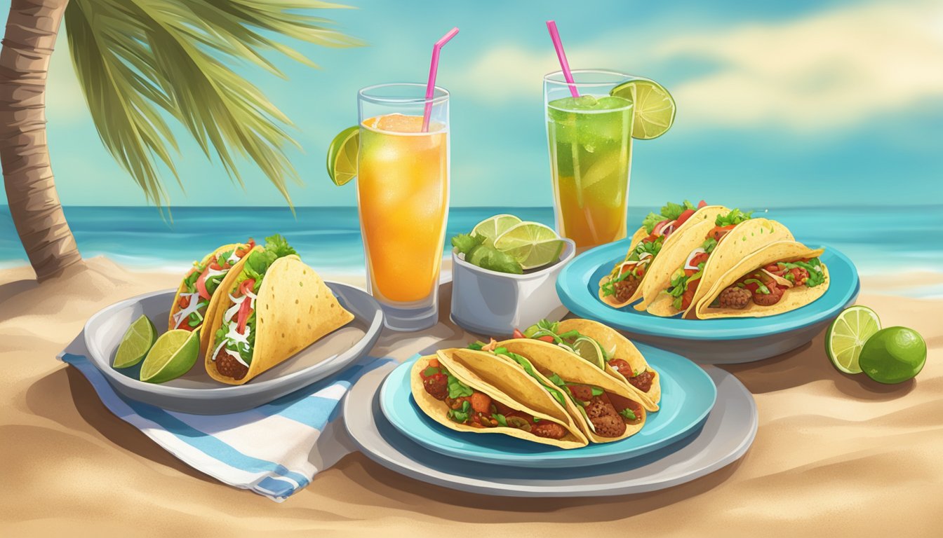 A table set with a variety of tacos and refreshing beverages on a sandy Texas beach