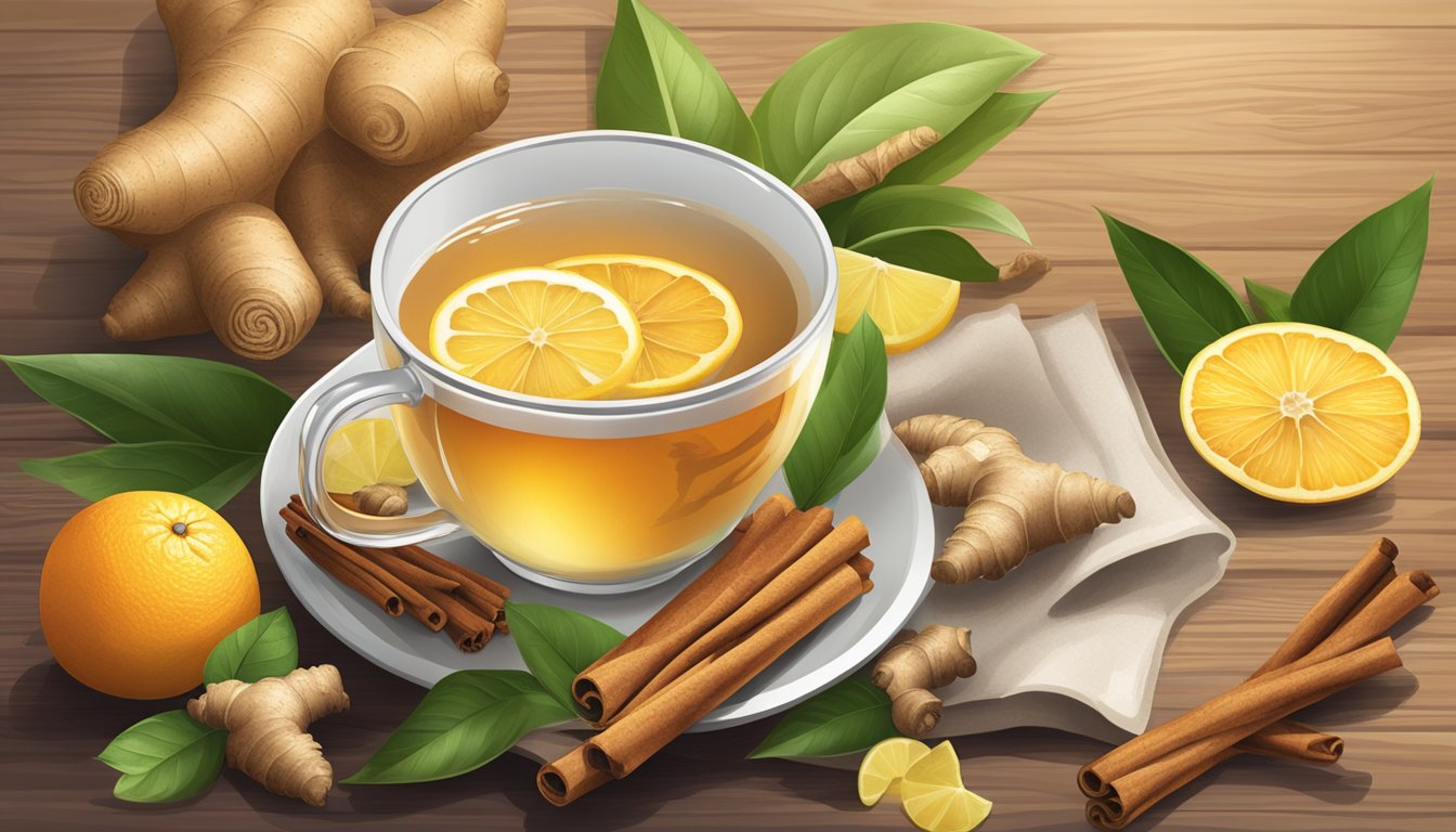 A steaming cup of ginger tea surrounded by fresh ginger root, cinnamon sticks, and citrus fruits on a wooden table