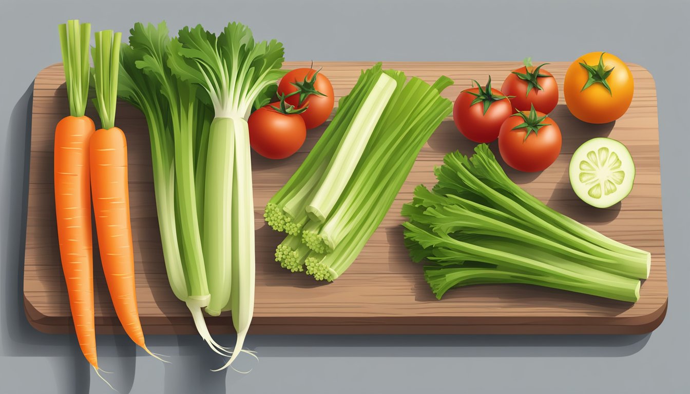 A colorful assortment of fresh celery, tomatoes, and carrots arranged on a wooden cutting board