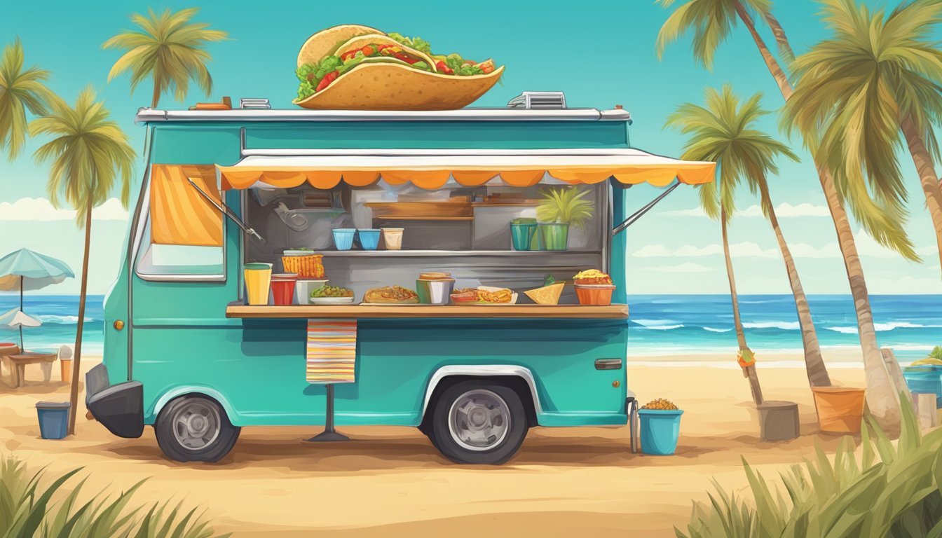 Colorful beach scene with palm trees, sandy shore, and ocean waves. A food truck serves up delicious tacos with a Texas twist