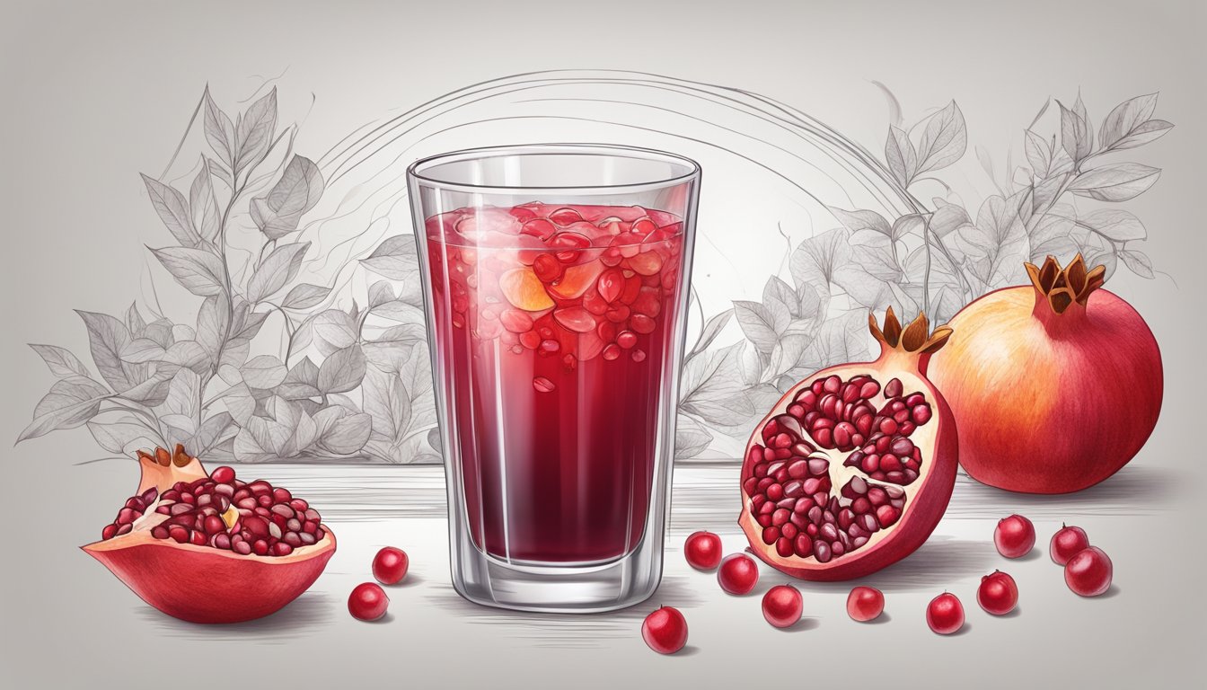 A glass of pomegranate juice surrounded by fresh pomegranates, berries, and citrus fruits, with a background of flowing blood vessels and a healthy heart