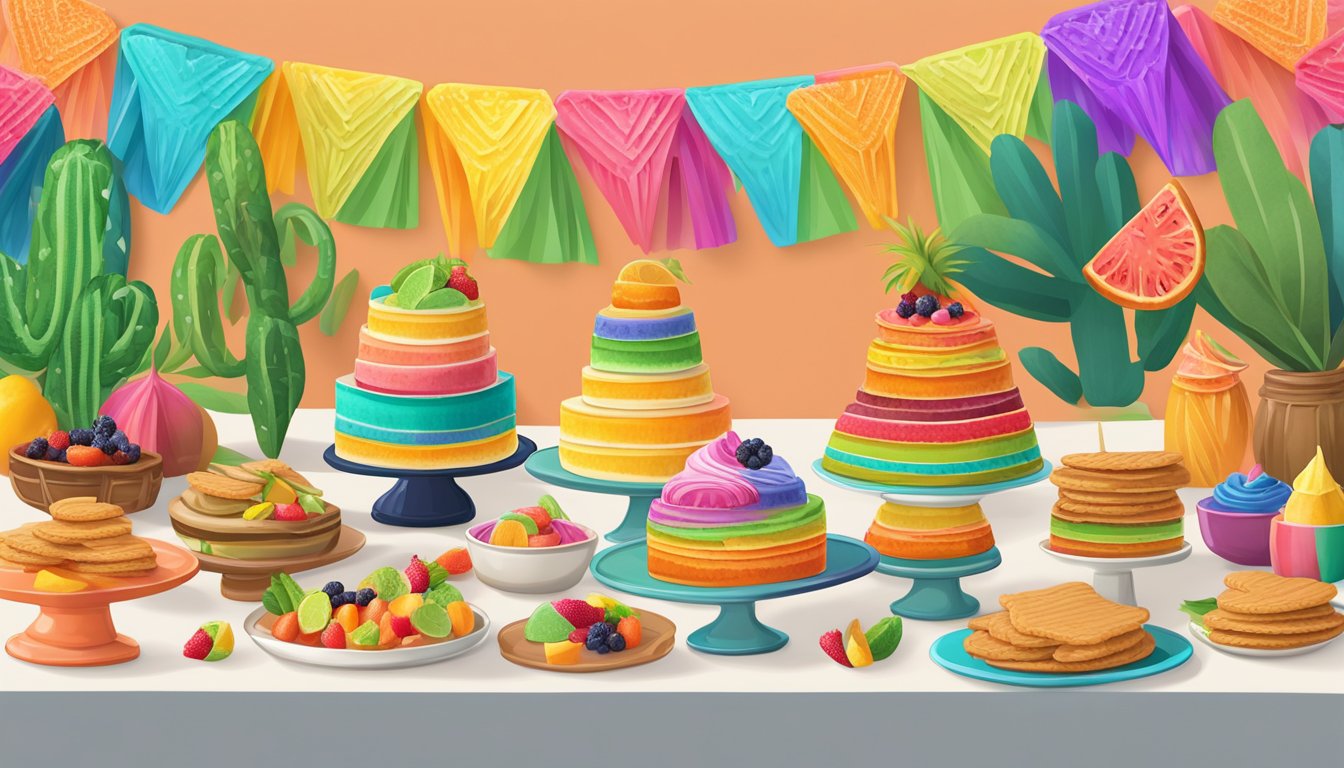 A vibrant fiesta-themed dessert table with taco-shaped cookies, churro ice cream sandwiches, and colorful fruit salsa