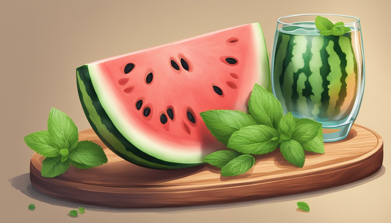 A ripe watermelon sliced on a wooden cutting board, surrounded by fresh mint leaves and a glass of water