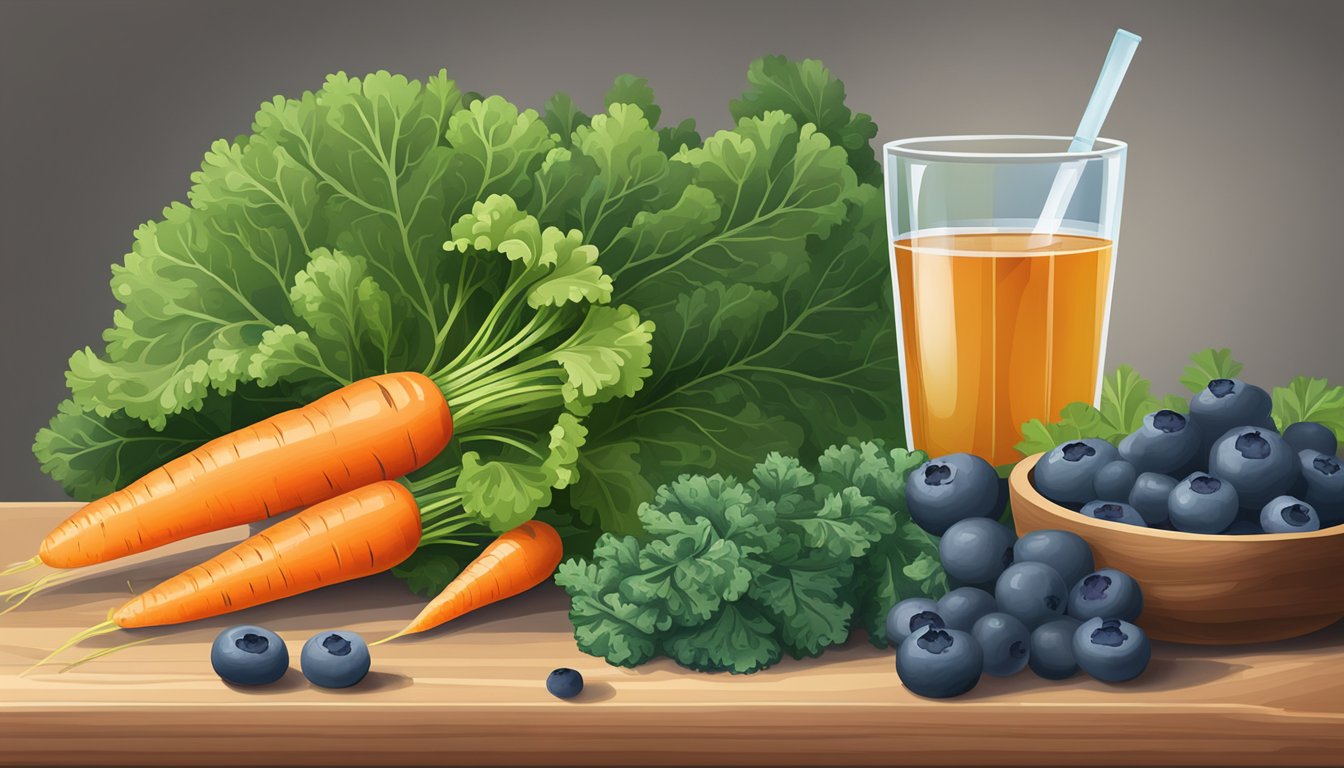 Fresh kale leaves, vibrant carrots, and juicy blueberries arranged on a wooden cutting board with a clear glass of water