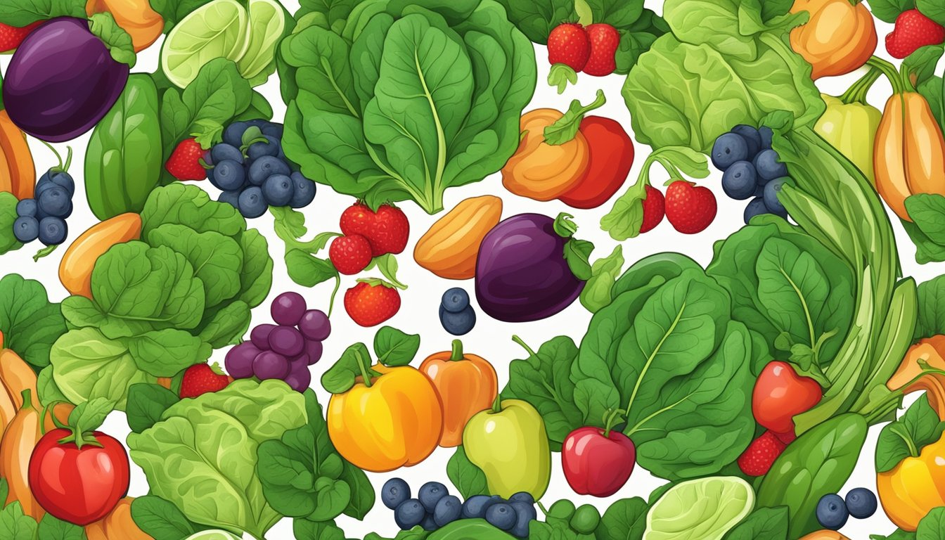 A vibrant green spinach leaf surrounded by a variety of colorful fruits and vegetables, all arranged in a circular pattern to symbolize improved blood circulation