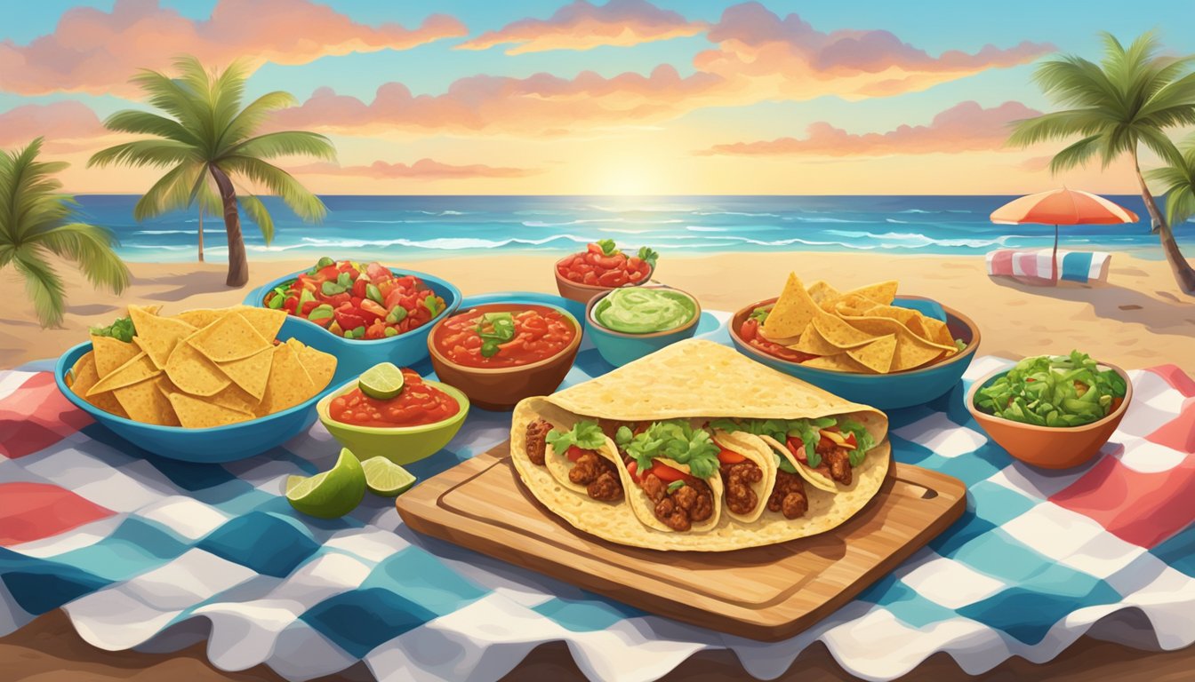 A colorful beach picnic with a variety of tacos, salsa, and toppings spread out on a checkered blanket, with the ocean waves in the background