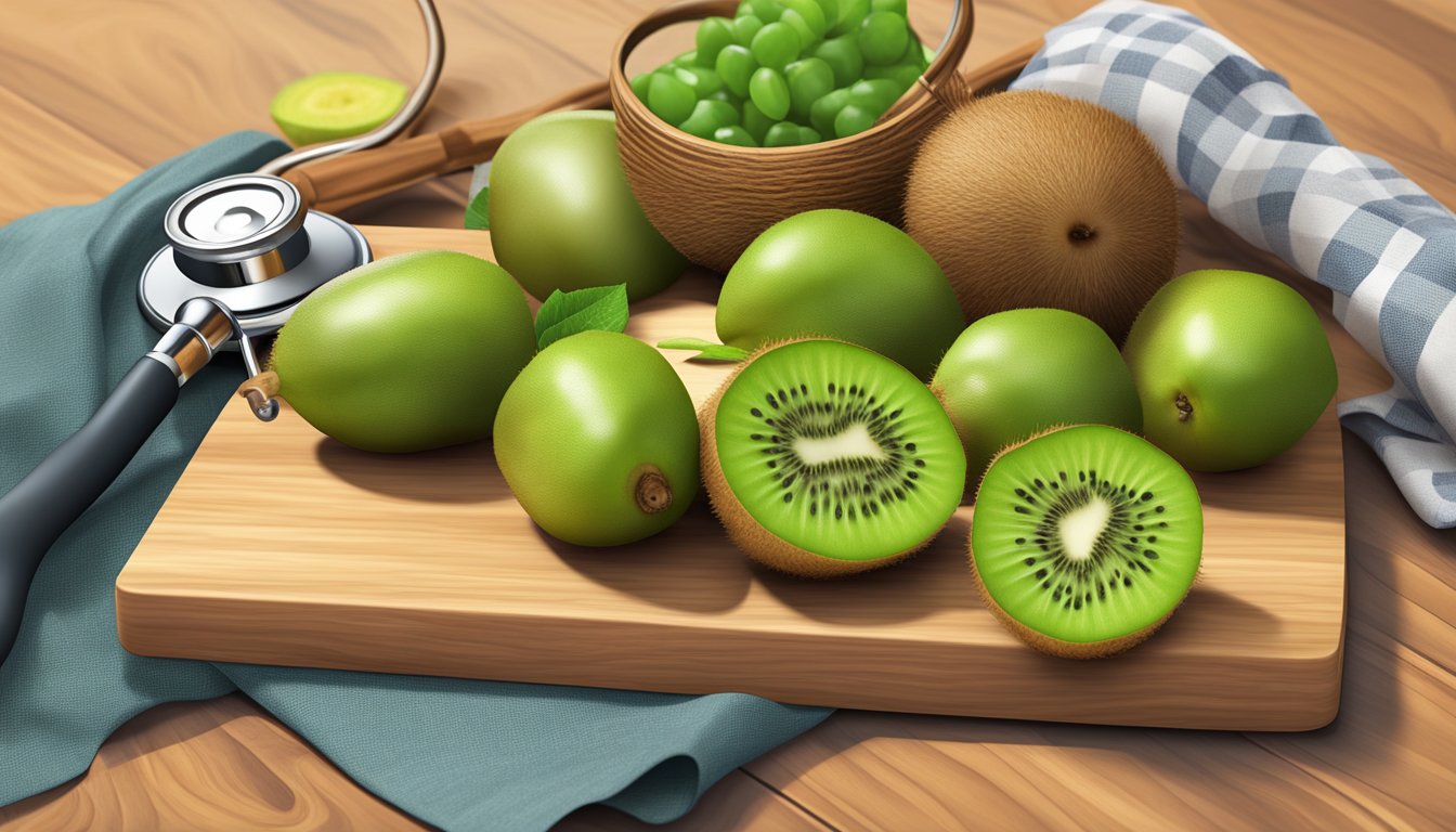 Vibrant green kiwi and other fresh fruits arranged on a wooden cutting board with a stethoscope nearby