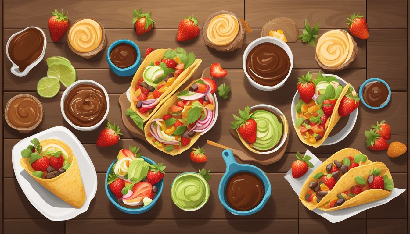 A colorful array of taco-inspired desserts displayed on a wooden table, surrounded by fresh ingredients like strawberries, chocolate, and caramel sauce