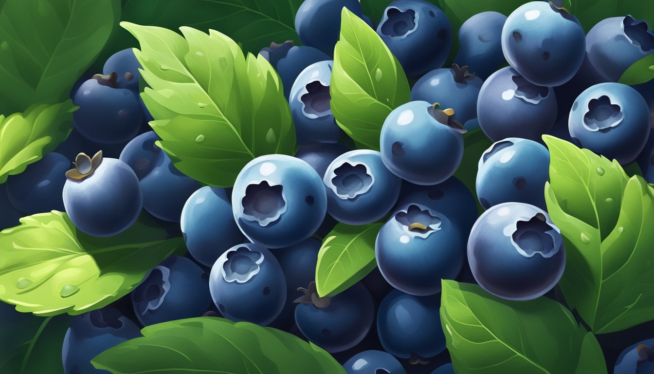 A pile of fresh blueberries surrounded by vibrant green leaves, with rays of sunlight shining down on them