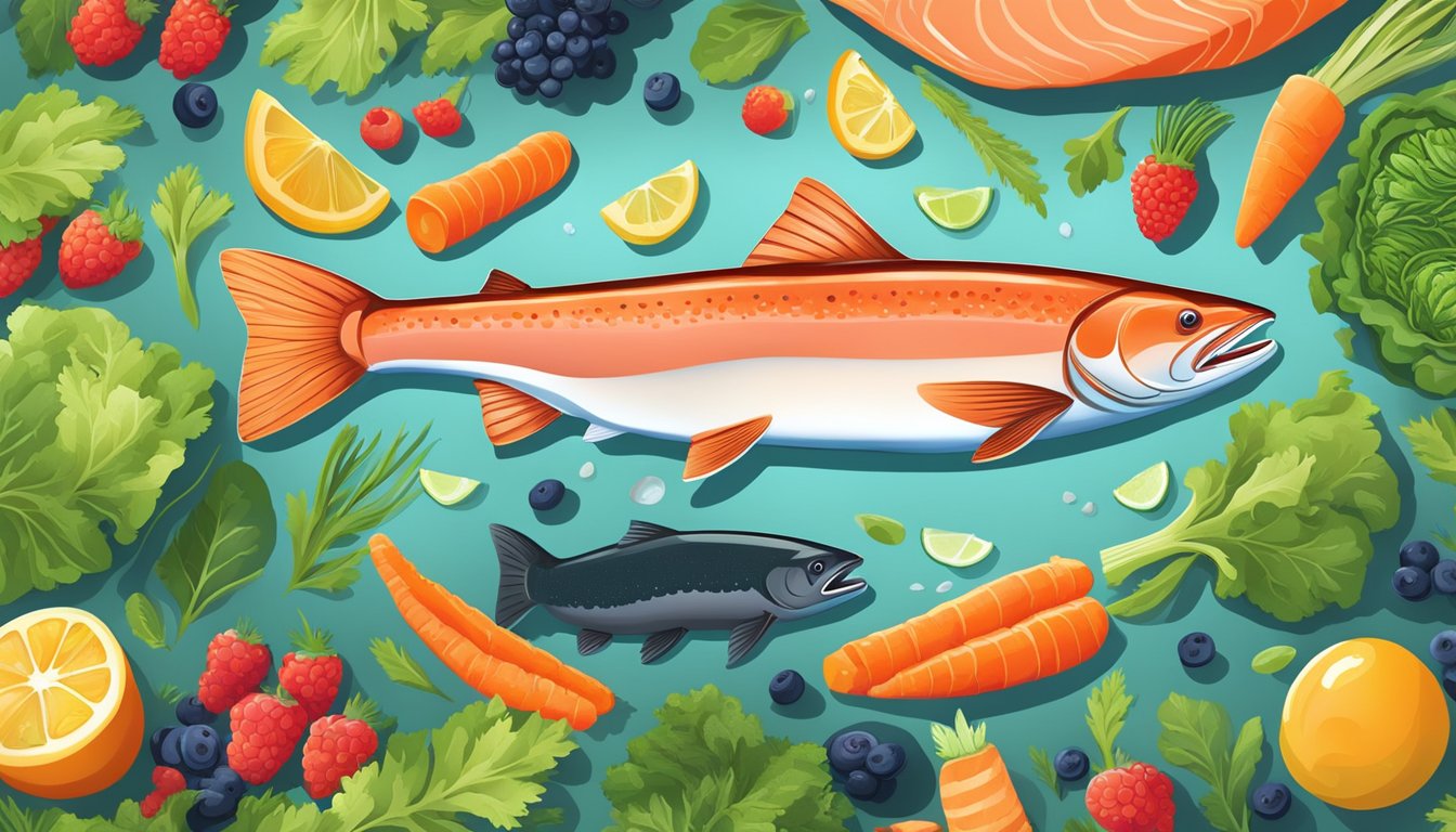 A vibrant salmon swimming among a variety of colorful, nutrient-rich foods, such as carrots, leafy greens, and berries, all arranged in a visually appealing composition