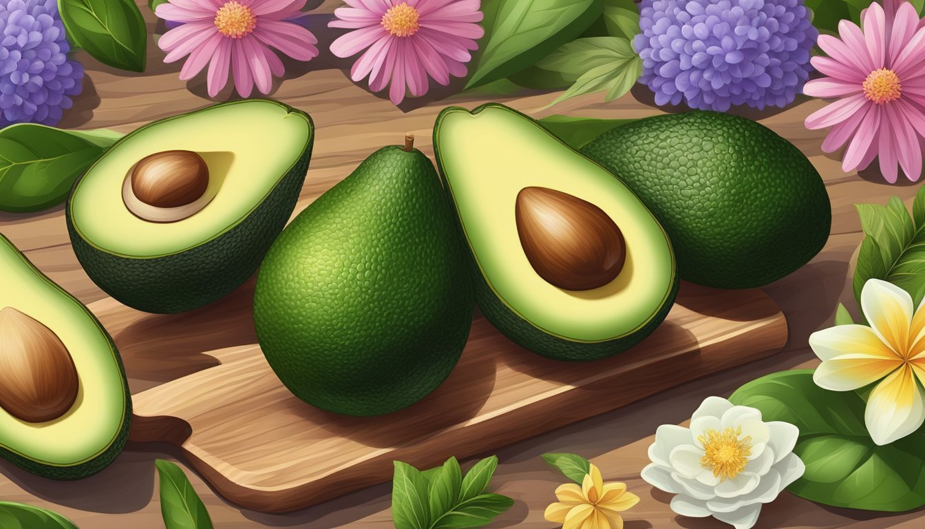 A variety of ripe avocados arranged on a wooden cutting board surrounded by vibrant green leaves and blossoming flowers