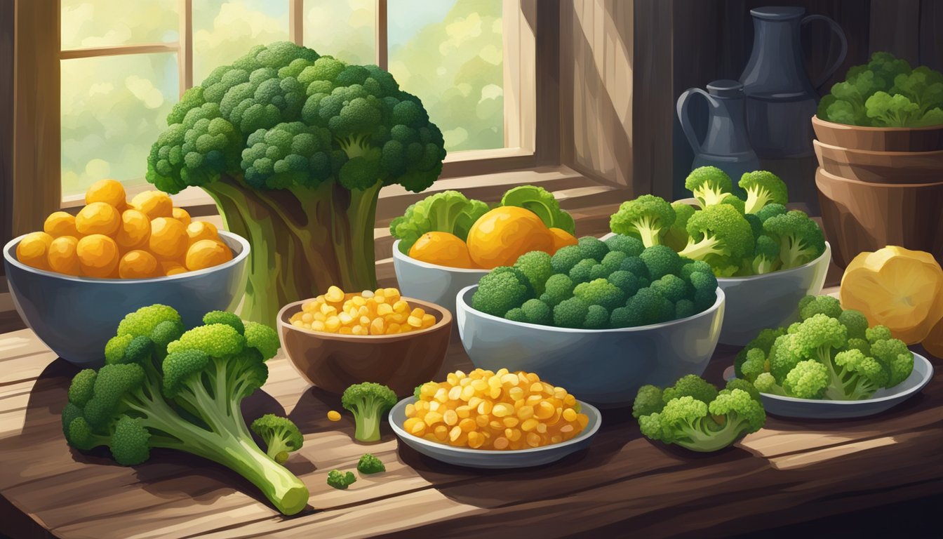 A variety of vibrant broccoli and other colorful eye-nourishing foods arranged on a rustic wooden table, with natural light streaming in from a nearby window