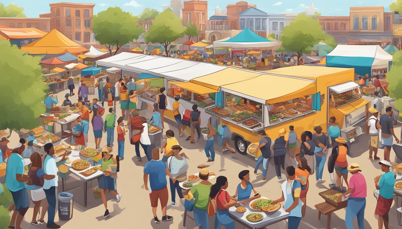 A bustling outdoor food festival with colorful food trucks and lively music, showcasing award-winning chefs serving up oversized Texas-style tacos