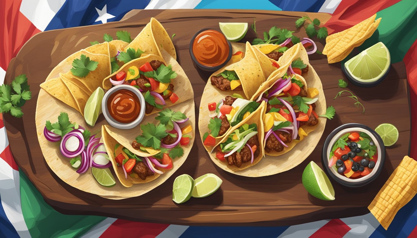 A colorful spread of various tacos arranged on a wooden serving board, with vibrant toppings and garnishes, set against a backdrop of Texas flags and symbols