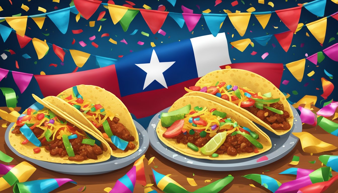 A festive Texas flag waving in the background as a plate of Tex-Mex tacos is surrounded by confetti and streamers