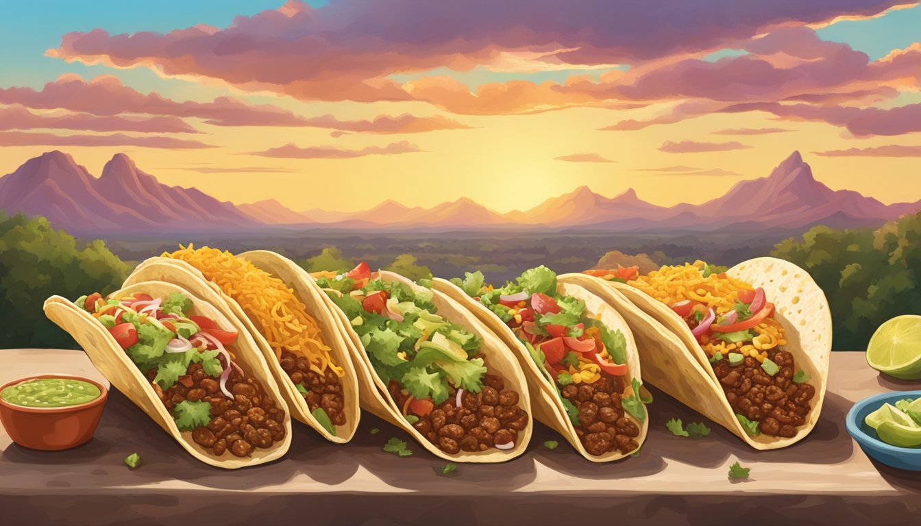 A colorful spread of oversized tacos, overflowing with savory fillings and fresh toppings, set against a backdrop of Texas scenery