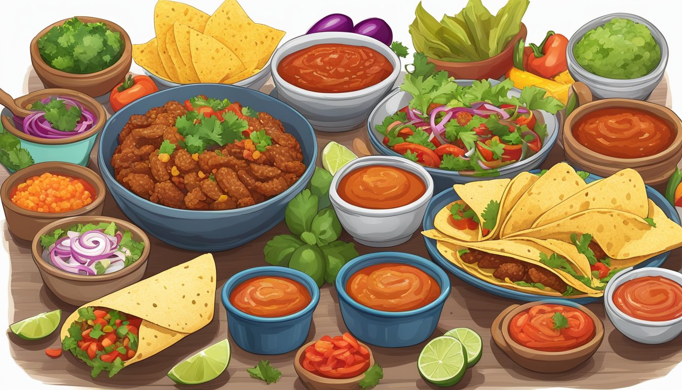 A colorful spread of taco ingredients and varieties, including seasoned meats, fresh vegetables, and assorted salsas, arranged on a festive table