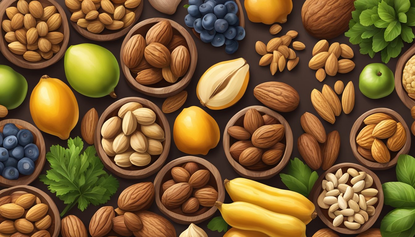 A variety of walnuts, almonds, and other nuts arranged on a wooden table, surrounded by fresh fruits and vegetables, with a warm, natural light shining down on the display