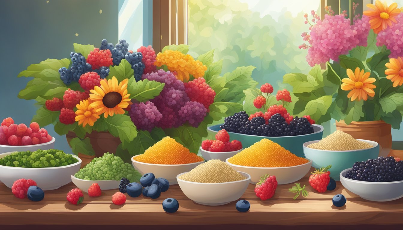 A colorful array of quinoa, berries, and leafy greens arranged on a wooden table, surrounded by vibrant flowers and natural light