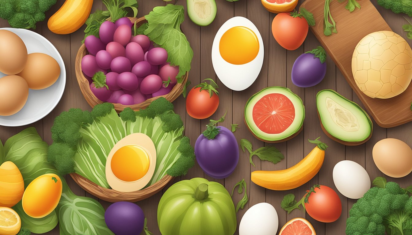 A colorful array of eggs, fruits, and vegetables arranged on a wooden table, symbolizing fertility-boosting foods for a healthy path to parenthood