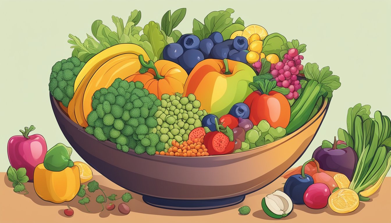 A vibrant bowl of lentils surrounded by colorful fruits and vegetables, symbolizing fertility and nourishment on the path to parenthood