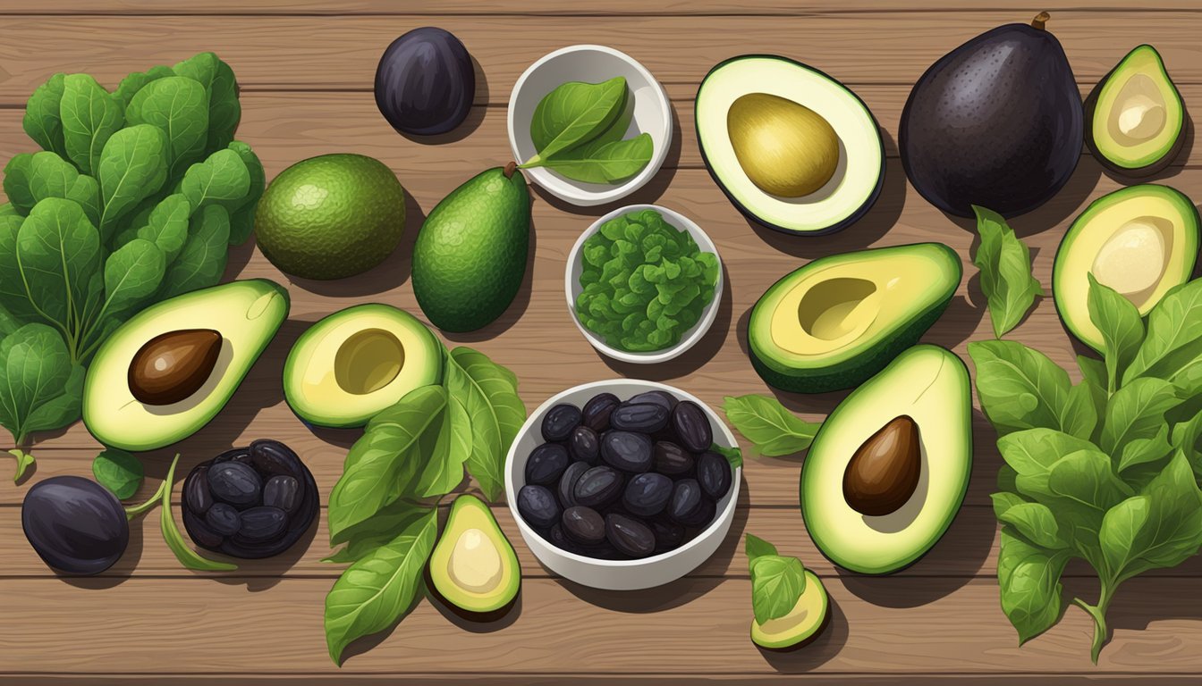 A colorful array of avocados, prunes, and leafy greens on a wooden table