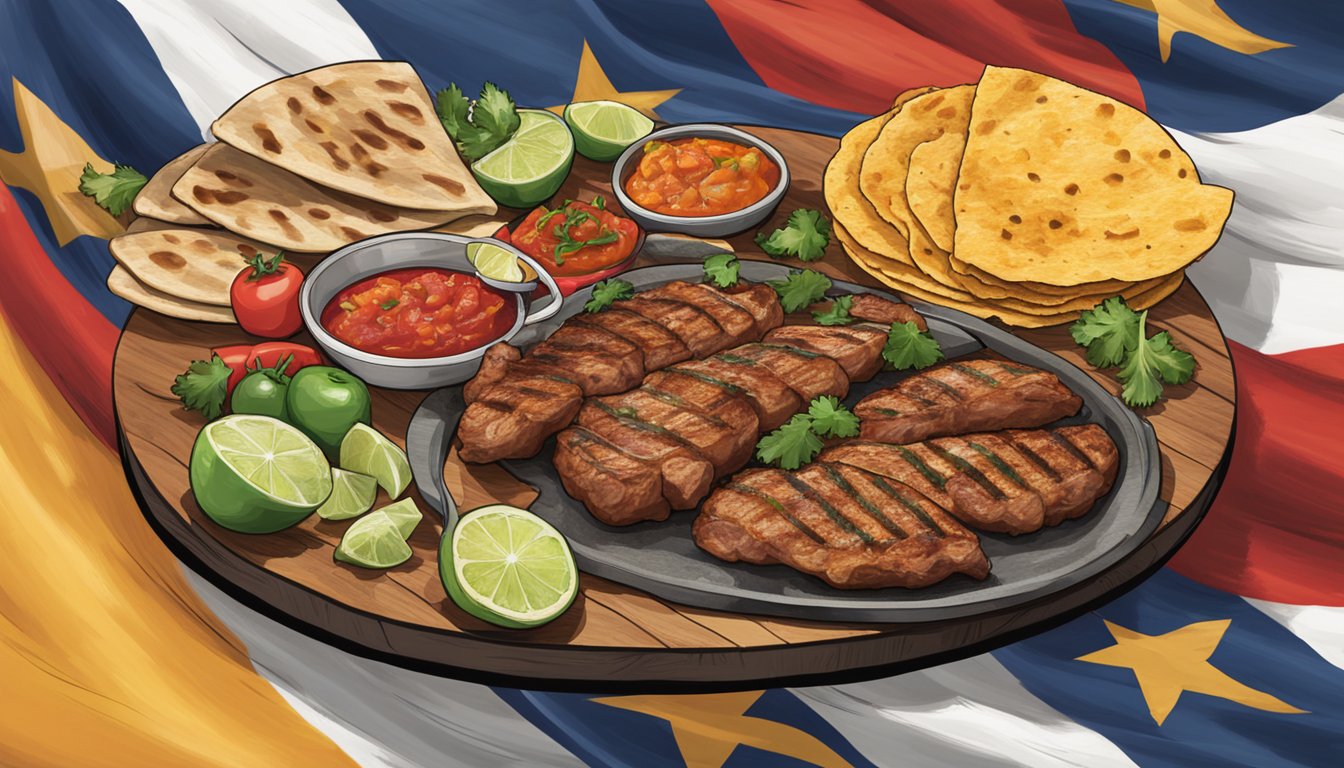 A sizzling grill with an array of fresh ingredients, including marinated meats, colorful salsas, and handmade tortillas, all set against a backdrop of a Texas flag and cheering fans