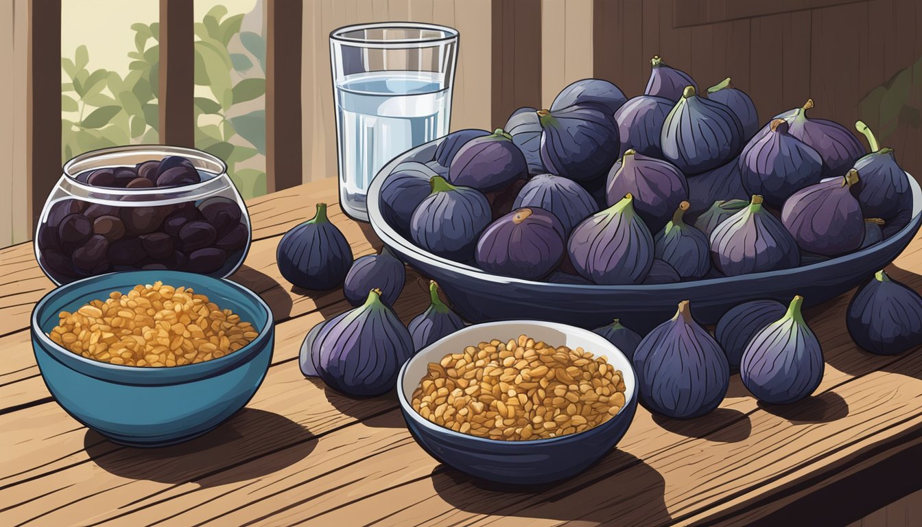 A colorful array of figs, prunes, and whole grains arranged on a rustic wooden table. A glass of water sits nearby