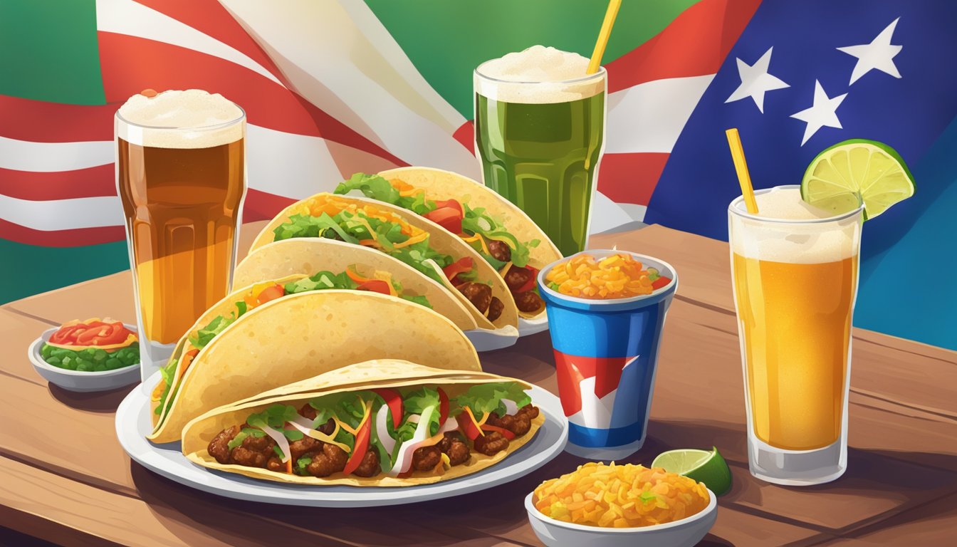 A colorful spread of tacos and beverages arranged on a table, with a Texas flag in the background, capturing the celebratory atmosphere