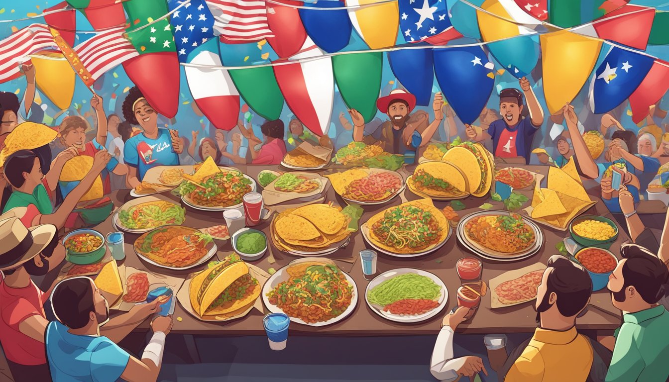 A table adorned with colorful tacos, confetti, and Texas flags, surrounded by cheering fans